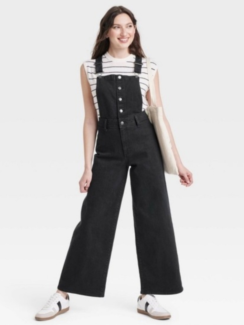 Black Wide-Leg Denim Overalls